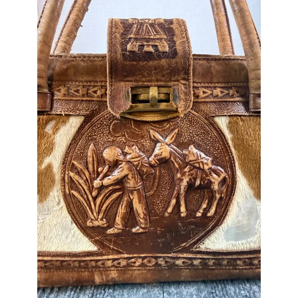 Vintage Mexican Tooled Leather Aztec Calendar Satchel Bag Cowhide Hecho Mexico - Picture 9 of 10